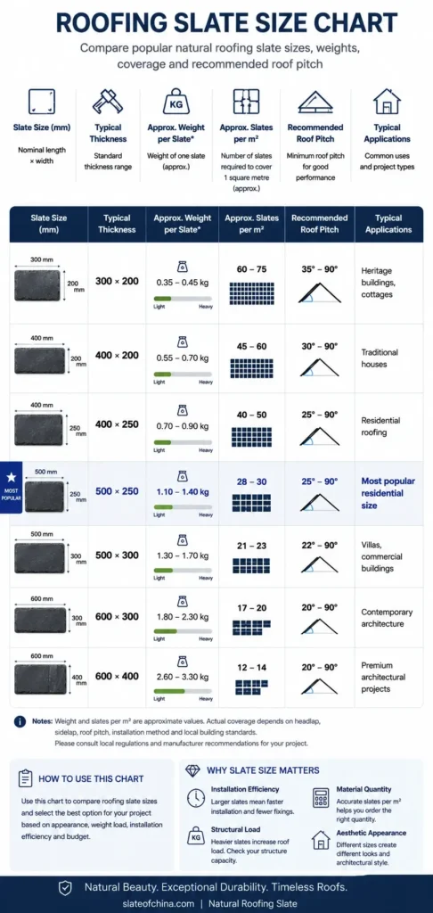 Roofing slate size chart showing standard slate dimensions, thickness, weight, slates per square metre and recommended roof pitch.