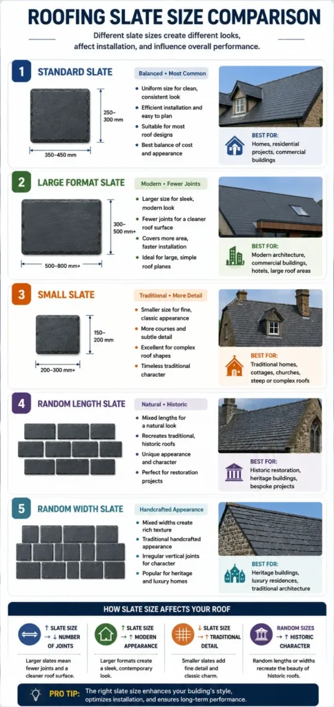Roofing slate size comparison infographic showing standard slate, large format slate, small slate, random length slate and random width slate for natural slate roofing.