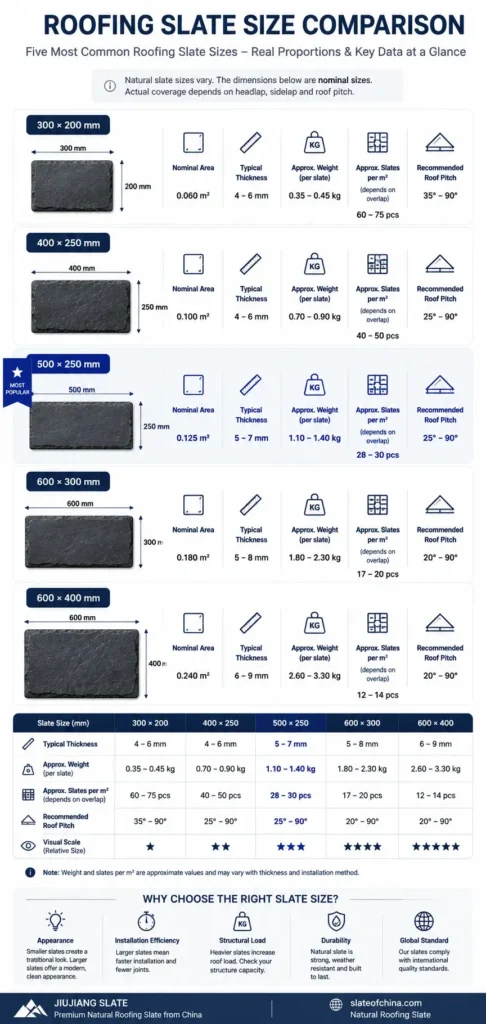Roofing slate size comparison showing 300×200, 400×250, 500×250, 600×300 and 600×400 mm natural roofing slate sizes in real proportion.