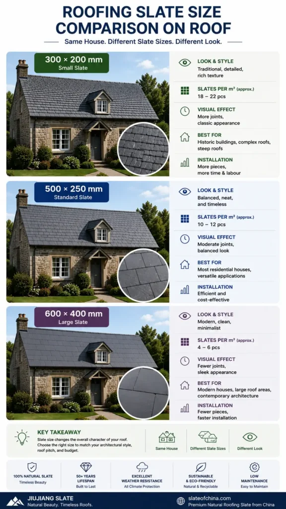 Roofing slate size comparison on the same house showing 300 × 200 mm, 500 × 250 mm and 600 × 400 mm natural slate roofs with different roof textures and visual appearance.