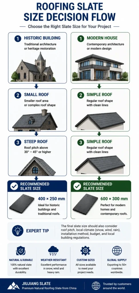Roofing slate size decision flow infographic comparing historic buildings and modern houses to recommend the most suitable roofing slate sizes.