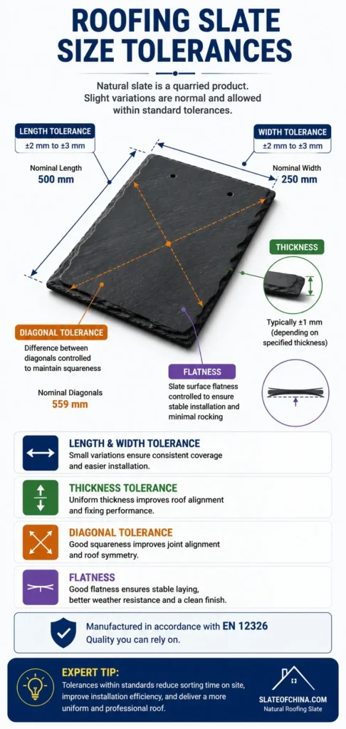 Roofing slate size tolerances infographic showing length tolerance, width tolerance, thickness tolerance, diagonal tolerance and flatness in accordance with EN 12326 quality requirements.