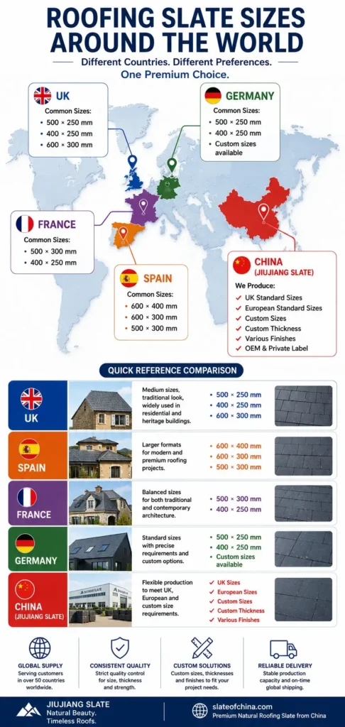 World map infographic showing common roofing slate sizes in the UK, Spain, France, Germany and China, including Jiujiang Slate production capabilities.