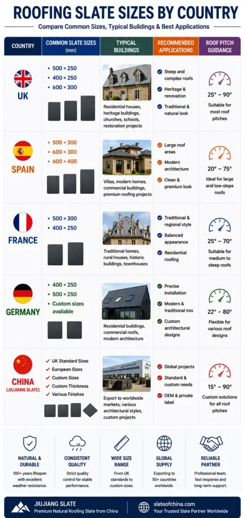 Comparison chart of roofing slate sizes by country, showing common slate dimensions, typical buildings and recommended applications in the UK, Spain, France, Germany and China.