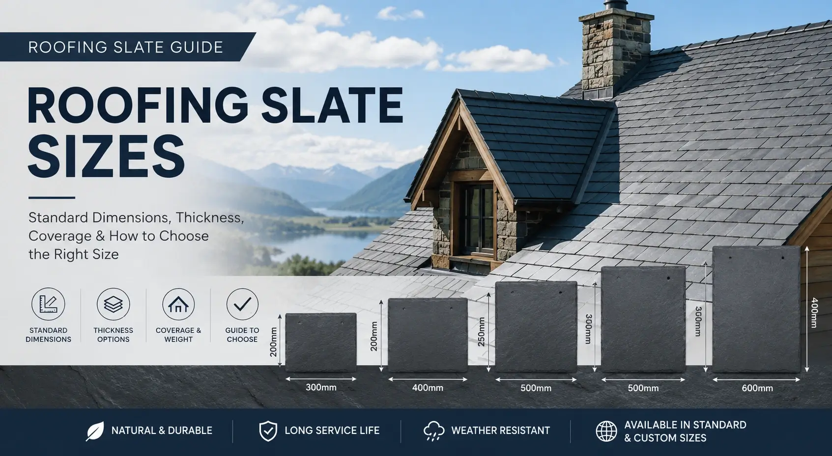 Roofing Slate Sizes 1 Roofing slate sizes guide showing standard slate tile dimensions, thickness options and common roofing slate sizes.