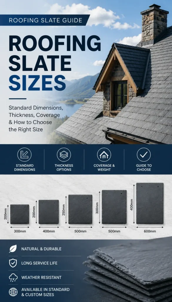 Roofing Slate Sizes 2 Roofing slate sizes guide showing standard slate tile dimensions, thickness options and common roofing slate sizes.