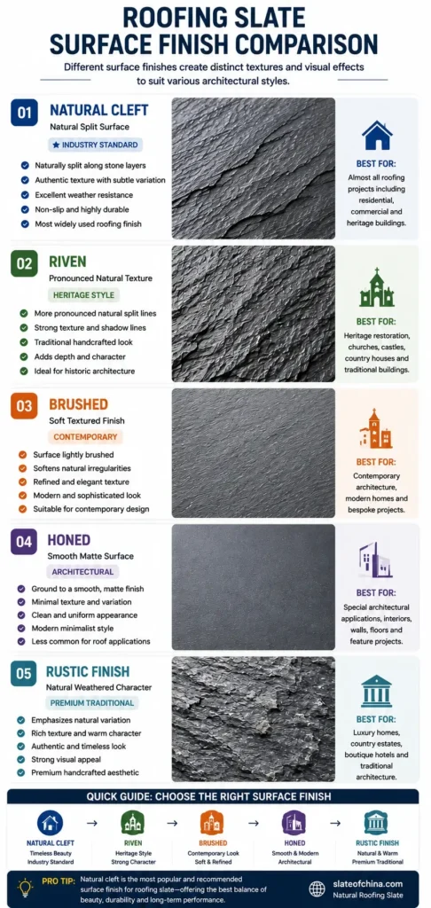 Roofing slate surface finish infographic comparing natural cleft, riven, brushed, honed and rustic finishes for natural roofing slate.