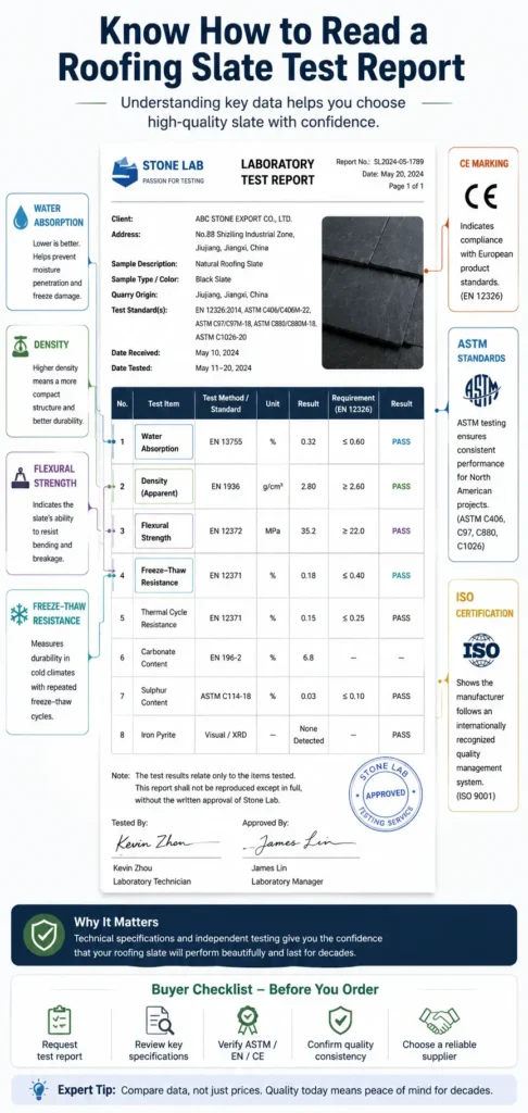 Guide to reading a roofing slate test report showing water absorption, density, flexural strength, freeze-thaw resistance, CE marking, and ASTM testing