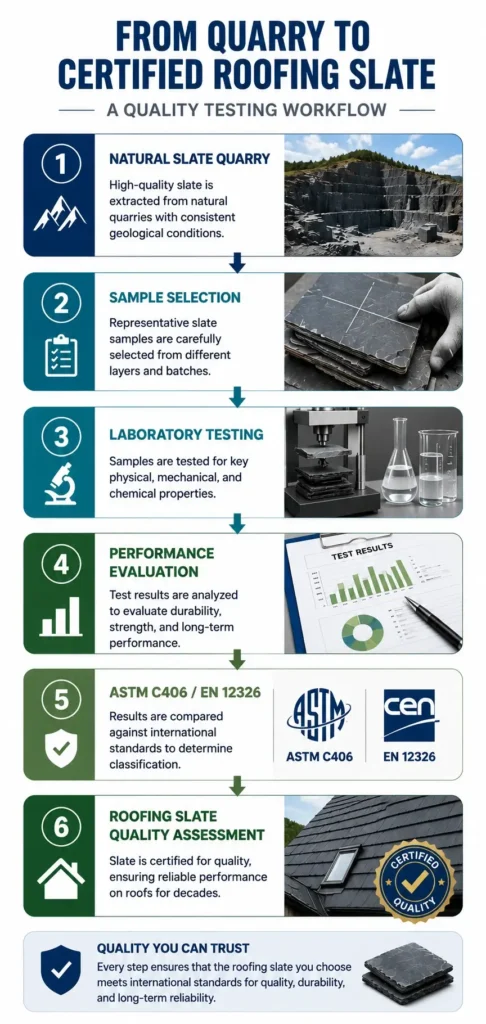 Roofing slate quality testing workflow showing the process from natural slate quarry and laboratory testing to ASTM C406, EN 12326 certification and final quality assessment.