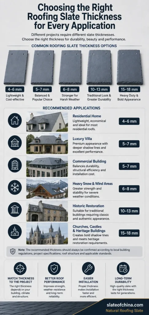 Roofing slate thickness by application guide showing recommended natural roofing slate thickness for residential homes, luxury villas, commercial buildings, snow areas, historic restoration, and churches.