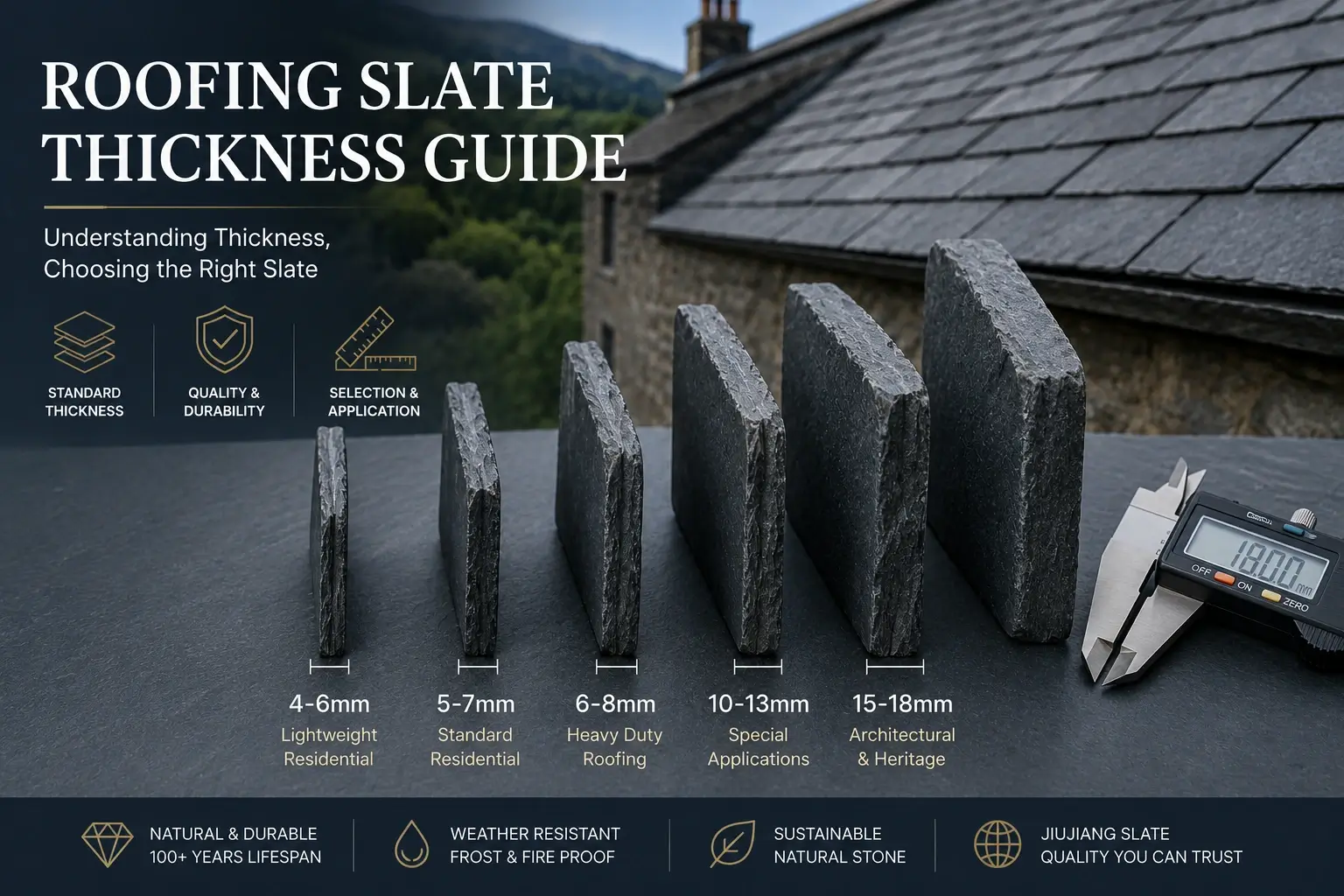 Roofing slate thickness guide showing 4–6mm, 5–7mm, 6–8mm, 10–13mm and 15–18mm natural roofing slate samples.