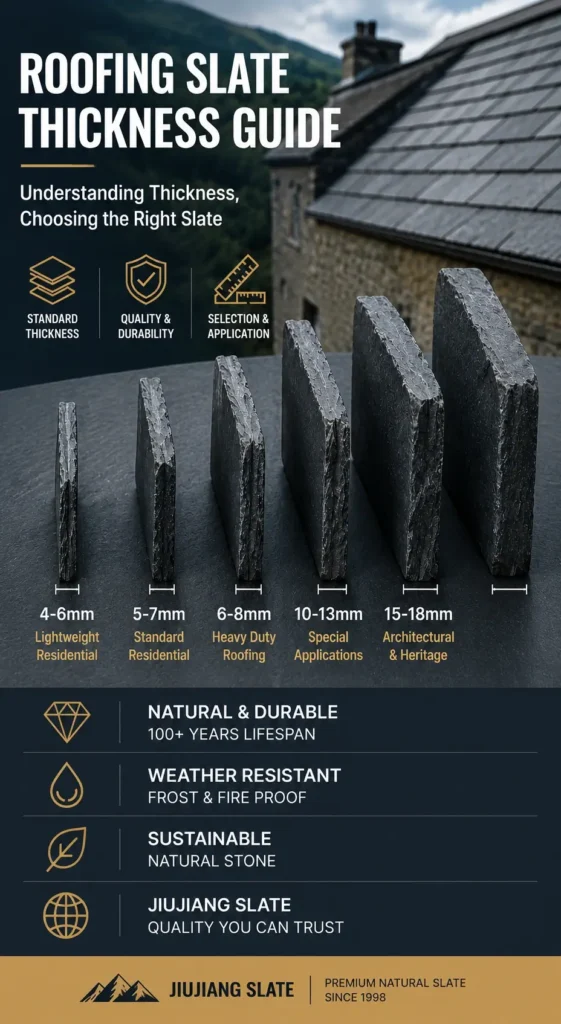 Roofing slate thickness guide showing 4–6mm, 5–7mm, 6–8mm, 10–13mm and 15–18mm natural roofing slate samples.