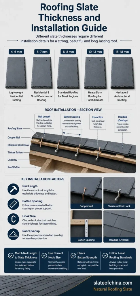 Roofing slate thickness installation guide showing recommended nail length, batten spacing, hook size, and roof overlap for different natural roofing slate thicknesses.