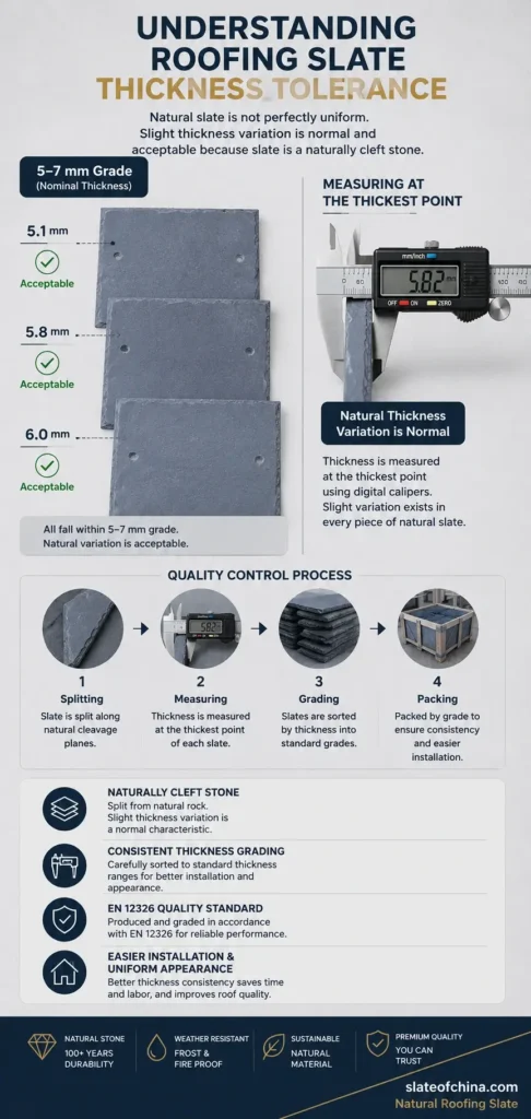 Understanding roofing slate thickness tolerance with natural roofing slate samples, digital caliper measurement, EN 12326 quality control process, and consistent thickness grading.