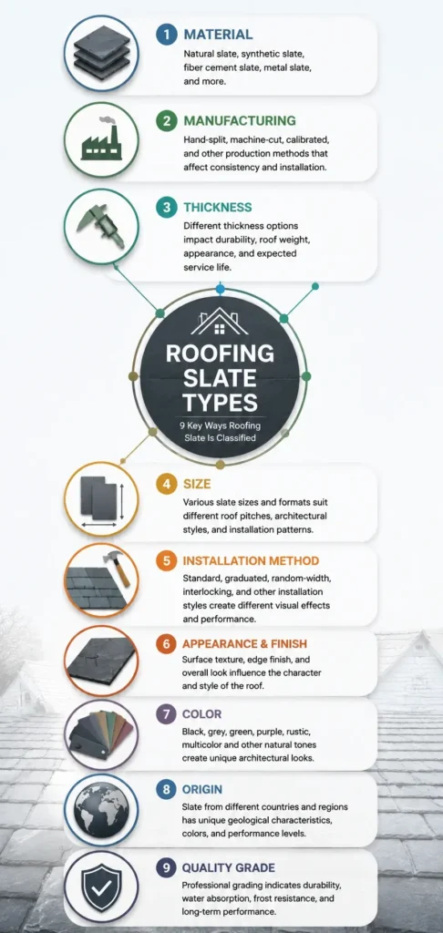 Roofing slate types infographic showing the main classifications of slate roofing, including material, thickness, size, installation method, color, origin and quality grade.
