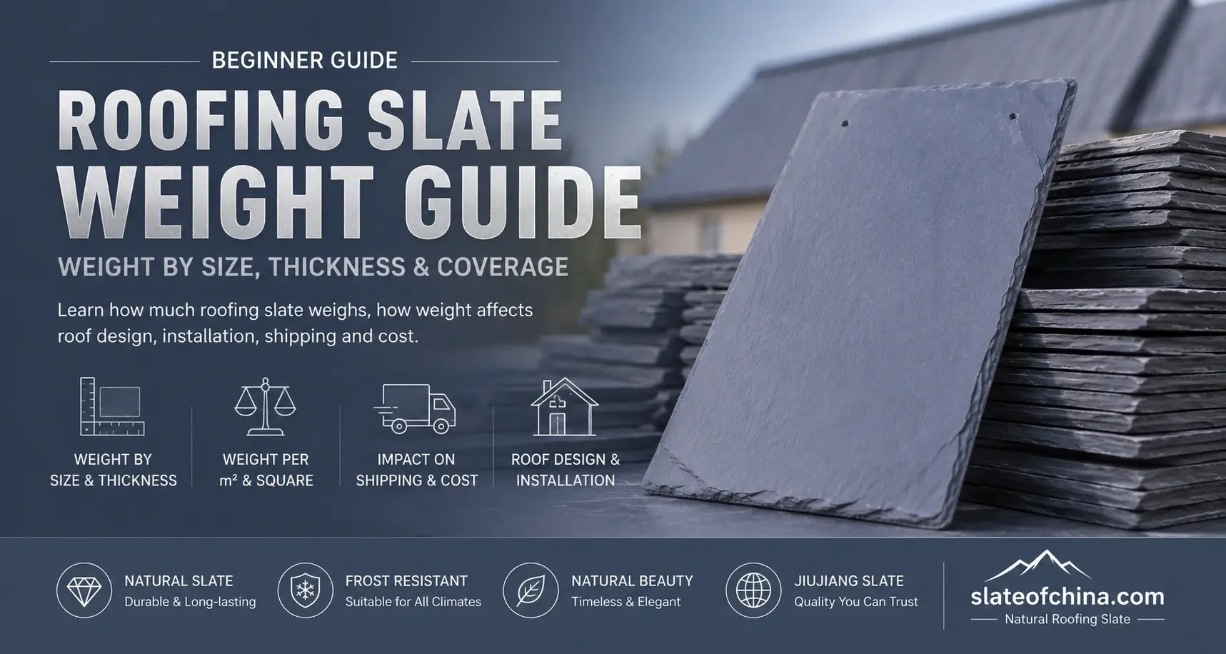 Roofing Slate Weight 1 Roofing Slate Weight Guide showing natural Jiujiang roofing slate tile with weight by size, thickness and coverage.