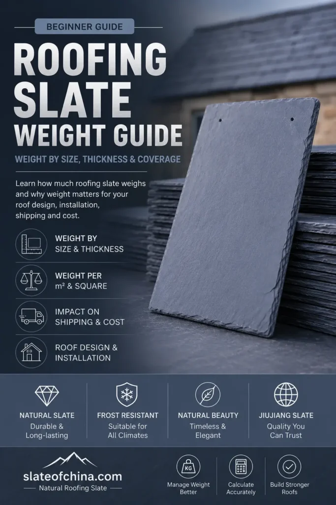 Roofing Slate Weight 2 Roofing Slate Weight Guide showing natural Jiujiang roofing slate tile with weight by size, thickness and coverage.