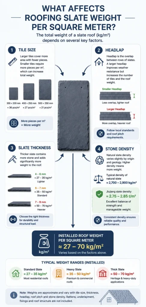 Roofing slate weight per square meter infographic showing how tile size, headlap, slate thickness and stone density affect installed roof weight (kg/m²).