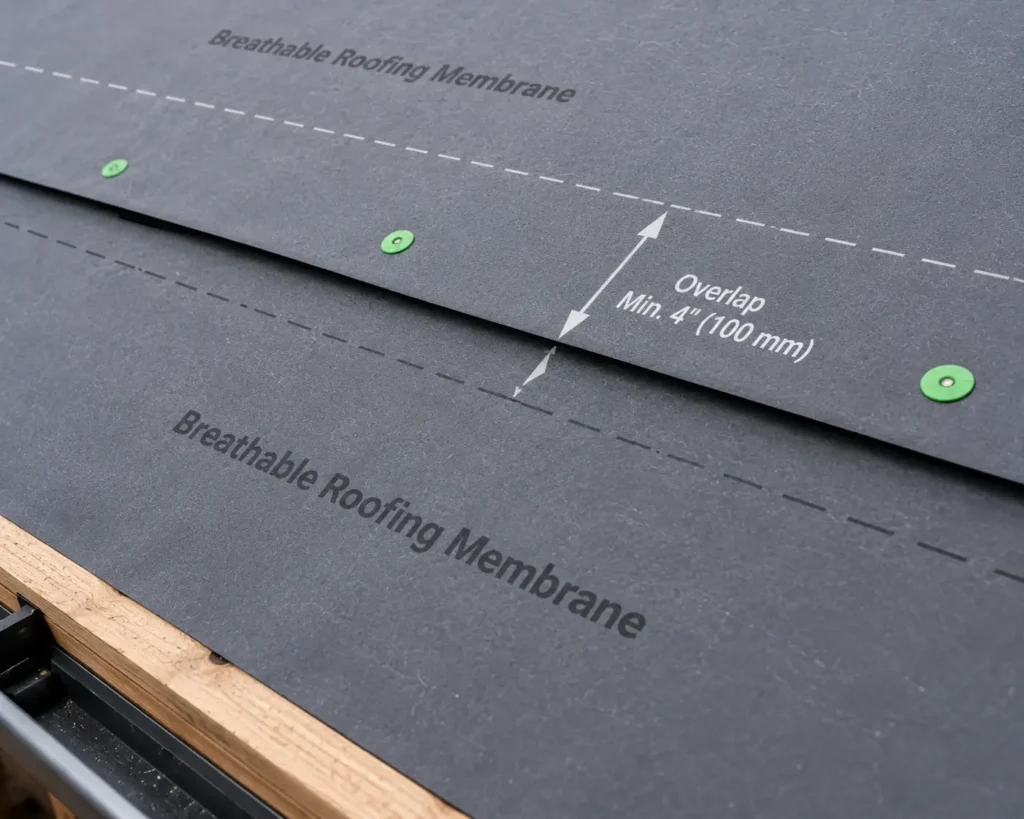 Close-up of a breathable roofing membrane showing the correct overlap detail before batten and natural roofing slate installation.