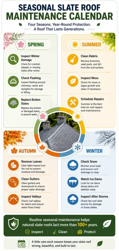 seasonal slate roof maintenance calendar mobile infographic