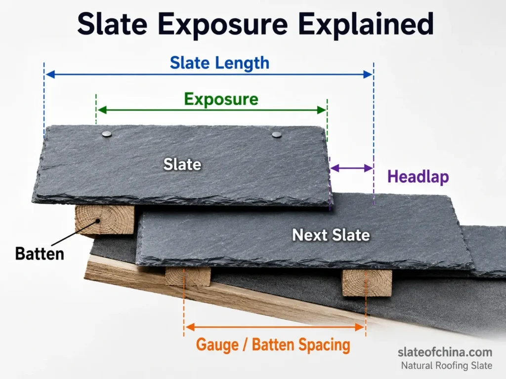 Diagram explaining slate exposure, headlap, gauge, and batten spacing for natural roofing slate installation.