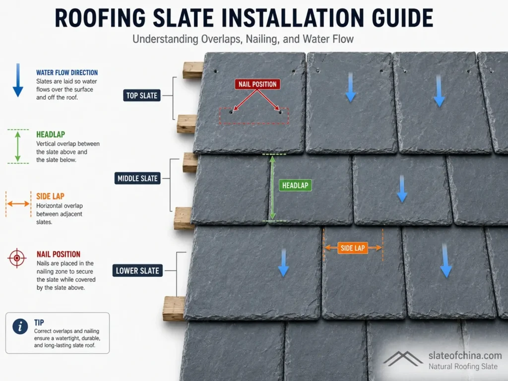Slate roof diagram showing headlap, side lap, overlap, nail position, and water flow direction for proper slate installation.