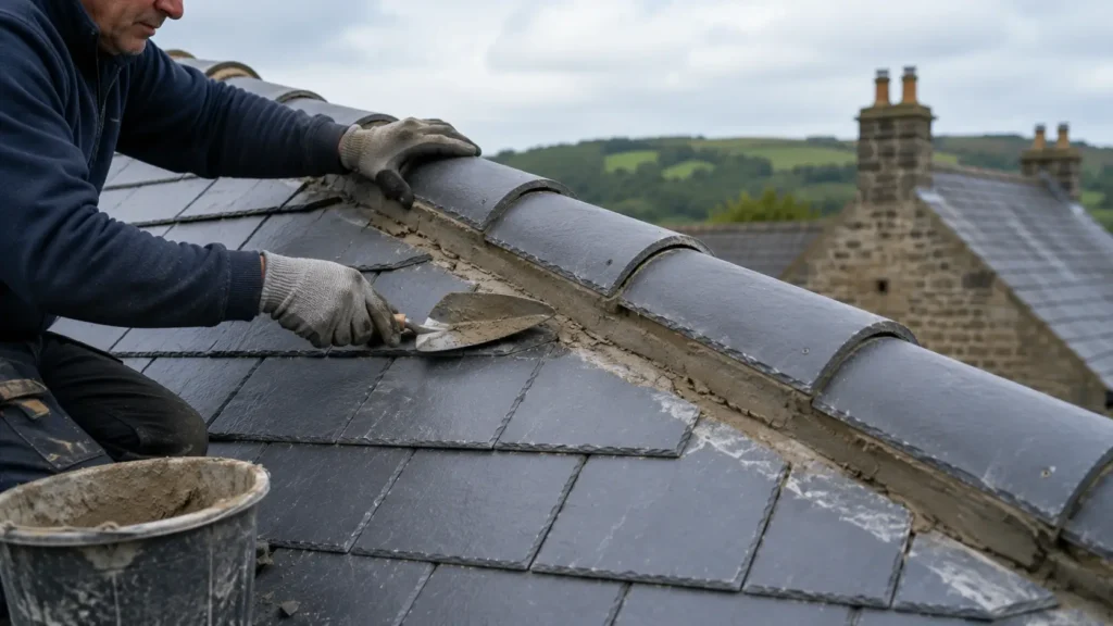 Professional roofer repairing loose ridge tiles on a natural slate roof using fresh mortar to restore stability and weather resistance.