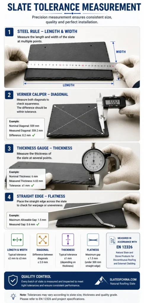 Slate tolerance measurement infographic showing how engineers inspect roofing slate using a steel rule, vernier caliper, thickness gauge and straight edge to verify dimensional accuracy.