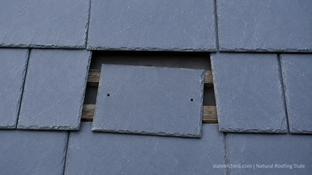 Slipped roofing slate caused by nail failure leaving a gap in the roof covering.