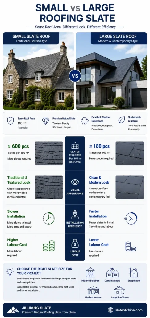 Small vs large roofing slate comparison showing traditional small slate roofs and modern large slate roofs with differences in appearance, installation efficiency and labour requirements.