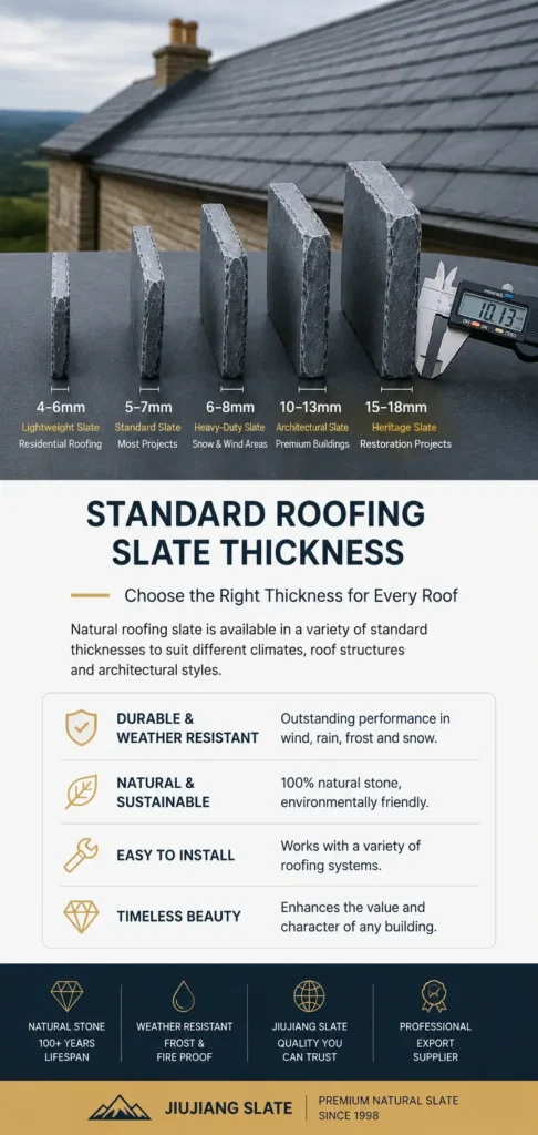Standard roofing slate thickness comparison showing natural roofing slate samples in 4–6 mm, 5–7 mm, 6–8 mm, 10–13 mm and 15–18 mm with digital caliper measurement.