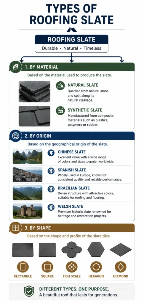Infographic showing the main types of roofing slate, including natural and synthetic slate, slate by origin, and common roofing slate shapes.