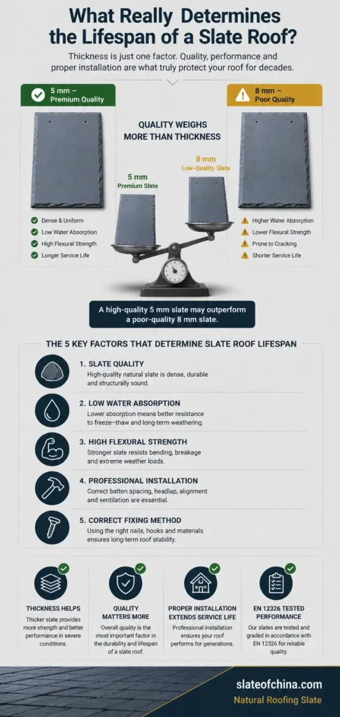 Comparison showing why slate quality is more important than thickness for determining the lifespan of a natural slate roof, including water absorption, flexural strength, installation quality, and fixing methods.