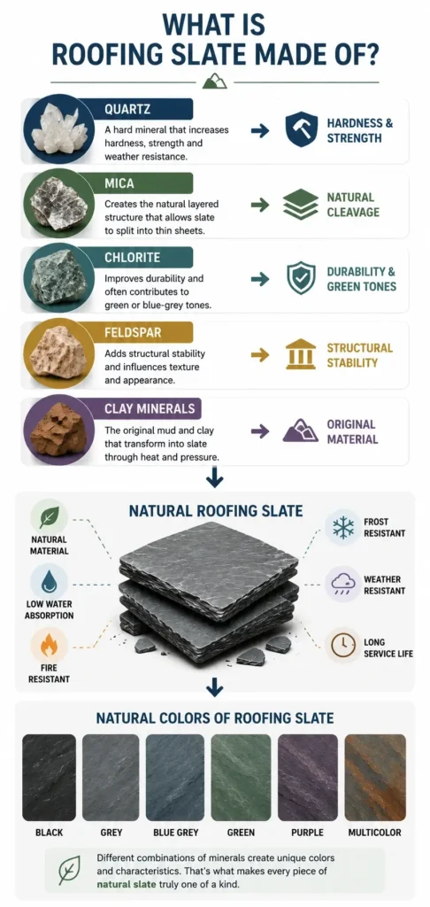 Infographic showing what natural roofing slate is made of, including quartz, mica, chlorite, feldspar, clay minerals, and natural roofing slate colors.
