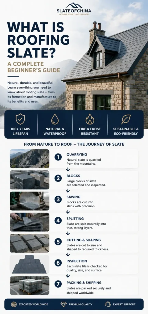 What is roofing slate? Complete beginner's guide showing a natural slate roof and the journey from quarry to roof.