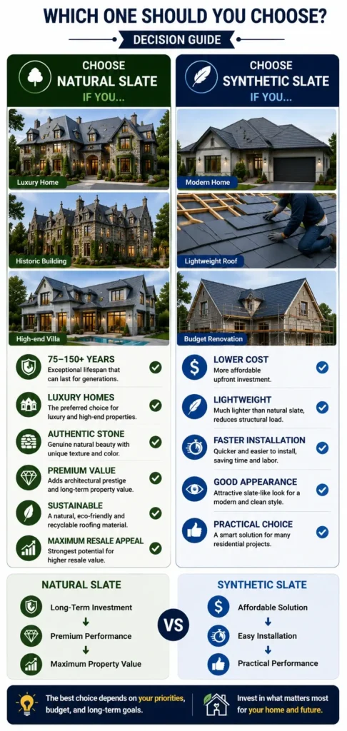 Decision guide comparing natural slate roofing and synthetic slate roofing, helping homeowners choose the best roofing material based on lifespan, budget, appearance, sustainability, and property value.
