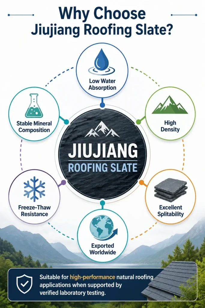 Infographic highlighting the key advantages of Jiujiang roofing slate, including low water absorption, high density, excellent splitability, stable mineral composition, freeze-thaw resistance, and worldwide export.