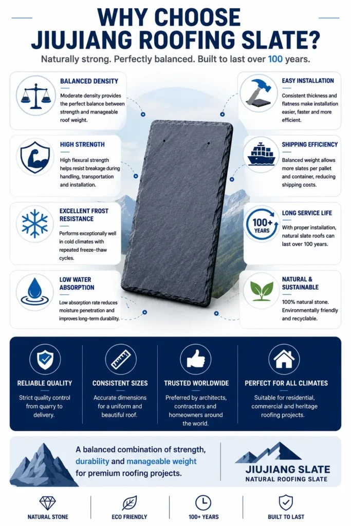 Why choose Jiujiang roofing slate infographic highlighting balanced density, high strength, frost resistance, low water absorption, easy installation and long service life.