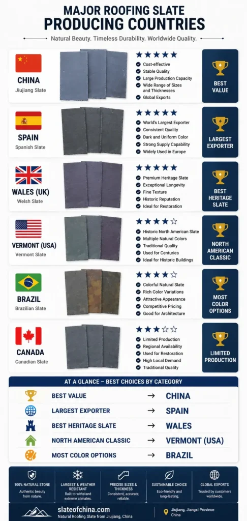 Mobile infographic comparing the world's major roofing slate producing countries, including China, Spain, Wales, Vermont, Brazil and Canada.