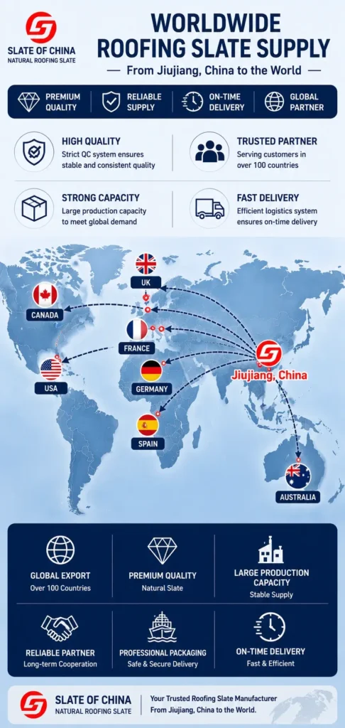 Worldwide roofing slate supply map showing Jiujiang, China exporting natural roofing slate to the UK, France, Spain, Germany, USA, Canada and Australia.