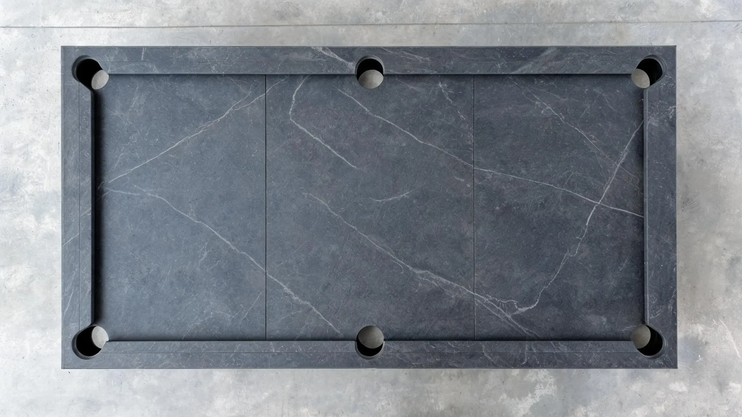 Pool vs Snooker vs Chinese 8-Ball Slate Thickness: 25mm, 45mm and 50mm 4 Chinese 8-ball pool table slate set from above with six rounded pocket openings