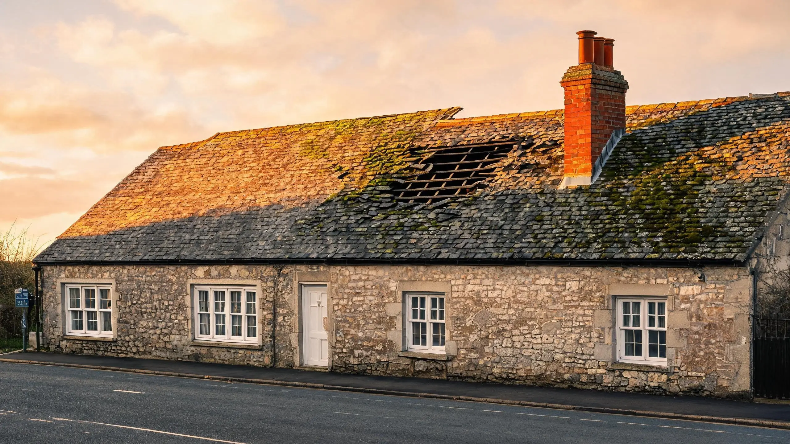 Aged slate roof needing repair or replacement assessment Slate roof showing signs of aging with missing tiles near chimney