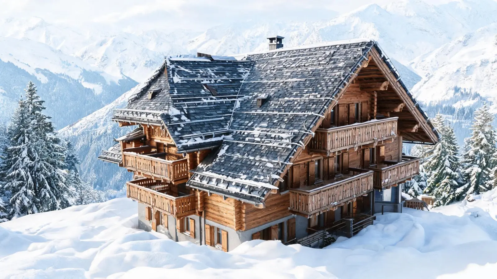Alpine chalet with thick slate roof and snow guards