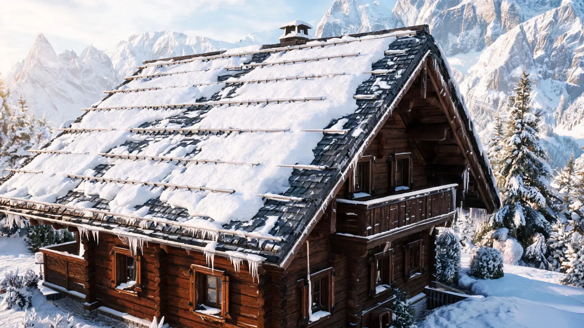 Alpine Chalet with Slate Roof and Snow Guards Alpine chalet with slate roof and snow guards in snowy mountain setting