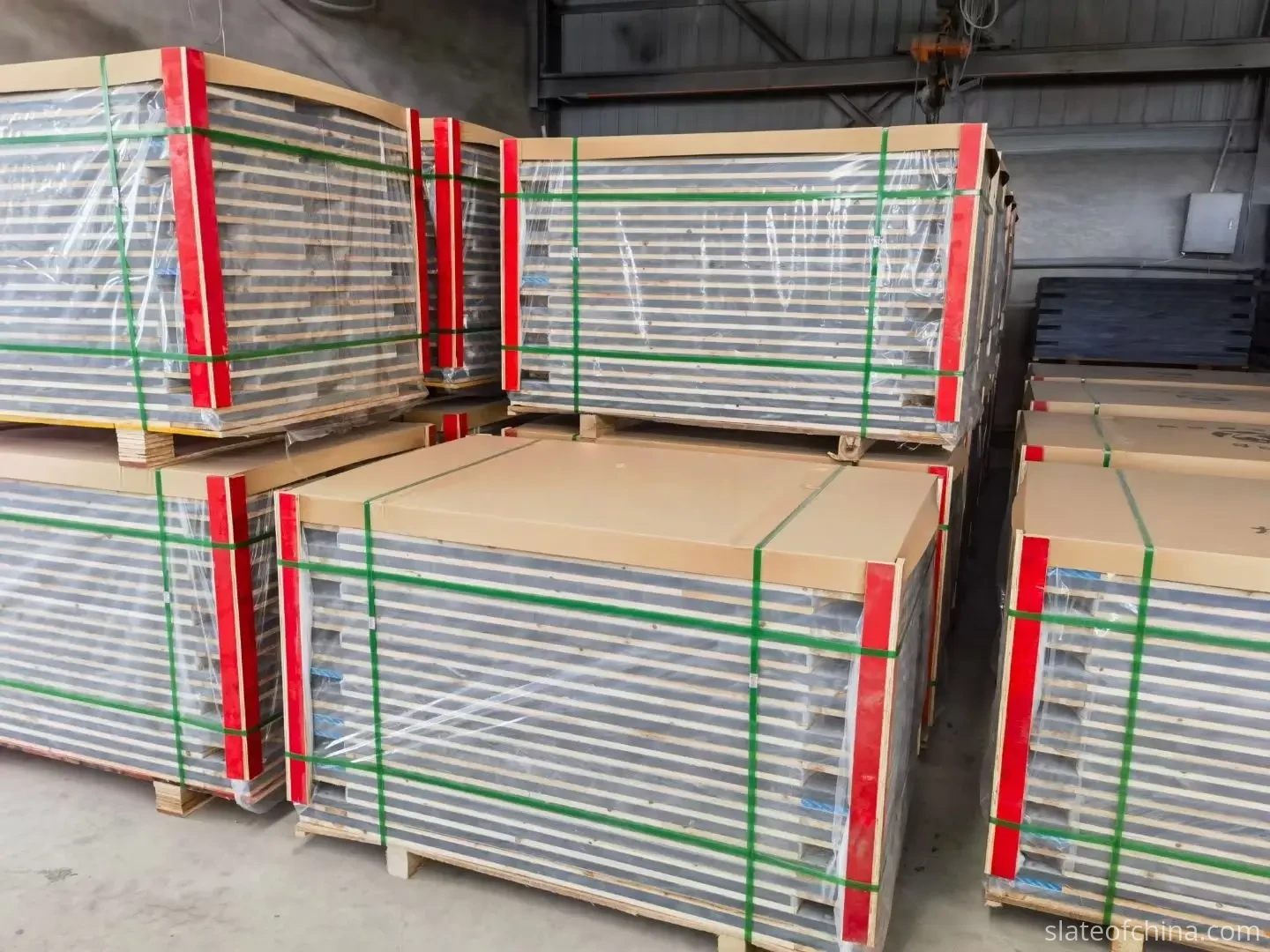 American Pool Table Slate Buying Guide for Manufacturers 6 Finished slate panels packed on wooden pallet with timber frame bracing and stretch film wrapping for export shipping