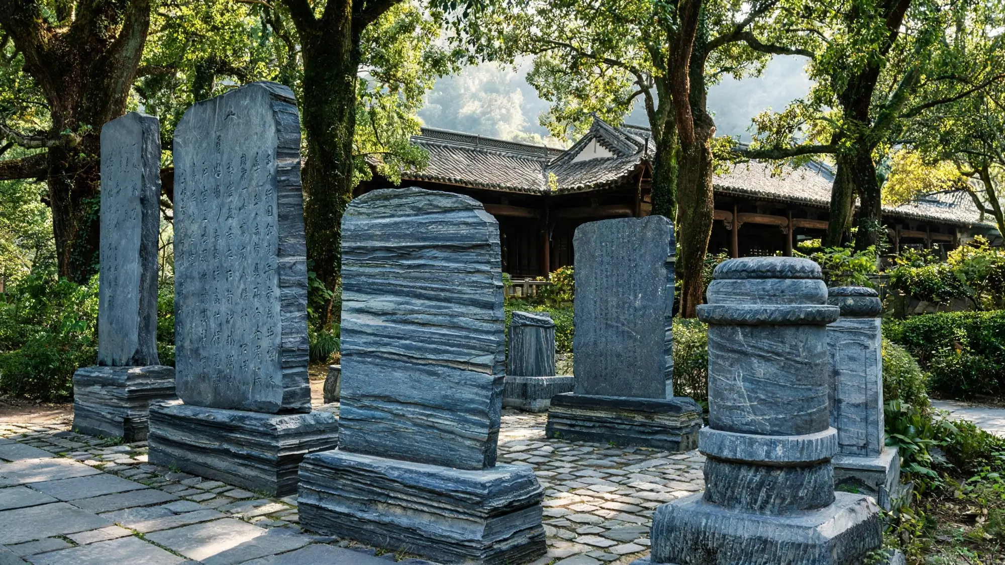Ancient stone steles and column bases made from local grey-blue slate at a traditional academy in the foothills of Mount Lushan, Jiangxi