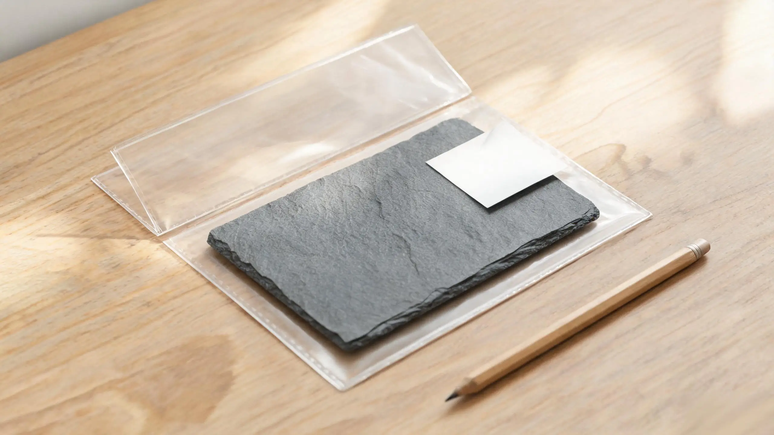 Approved and numbered slate reference sample Approved slate reference sample with a handwritten sample number card kept as a sealed record