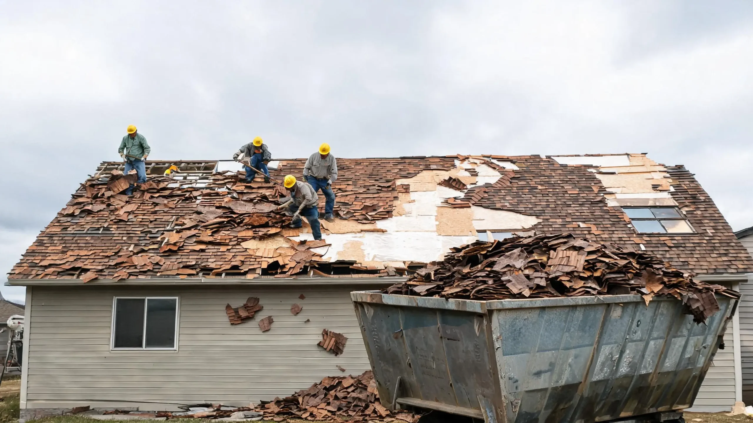 Old asphalt shingles being torn off a roof during replacement