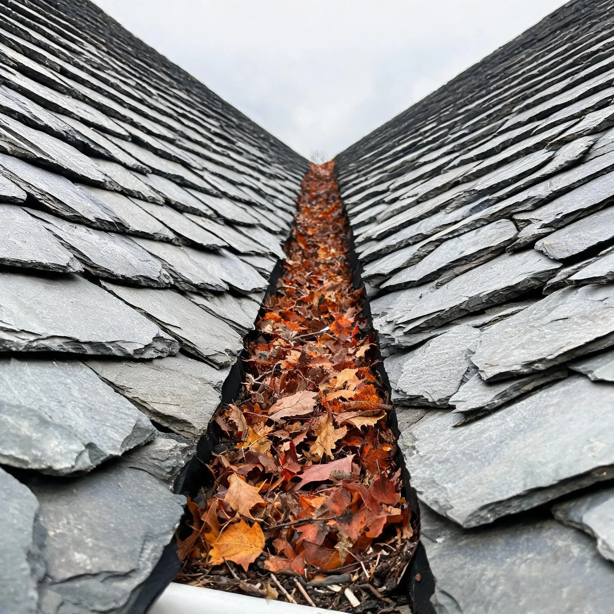 Slate Roof Maintenance Checklist 3 Autumn leaves and debris collecting in a roof valley between two natural slate roof slopes