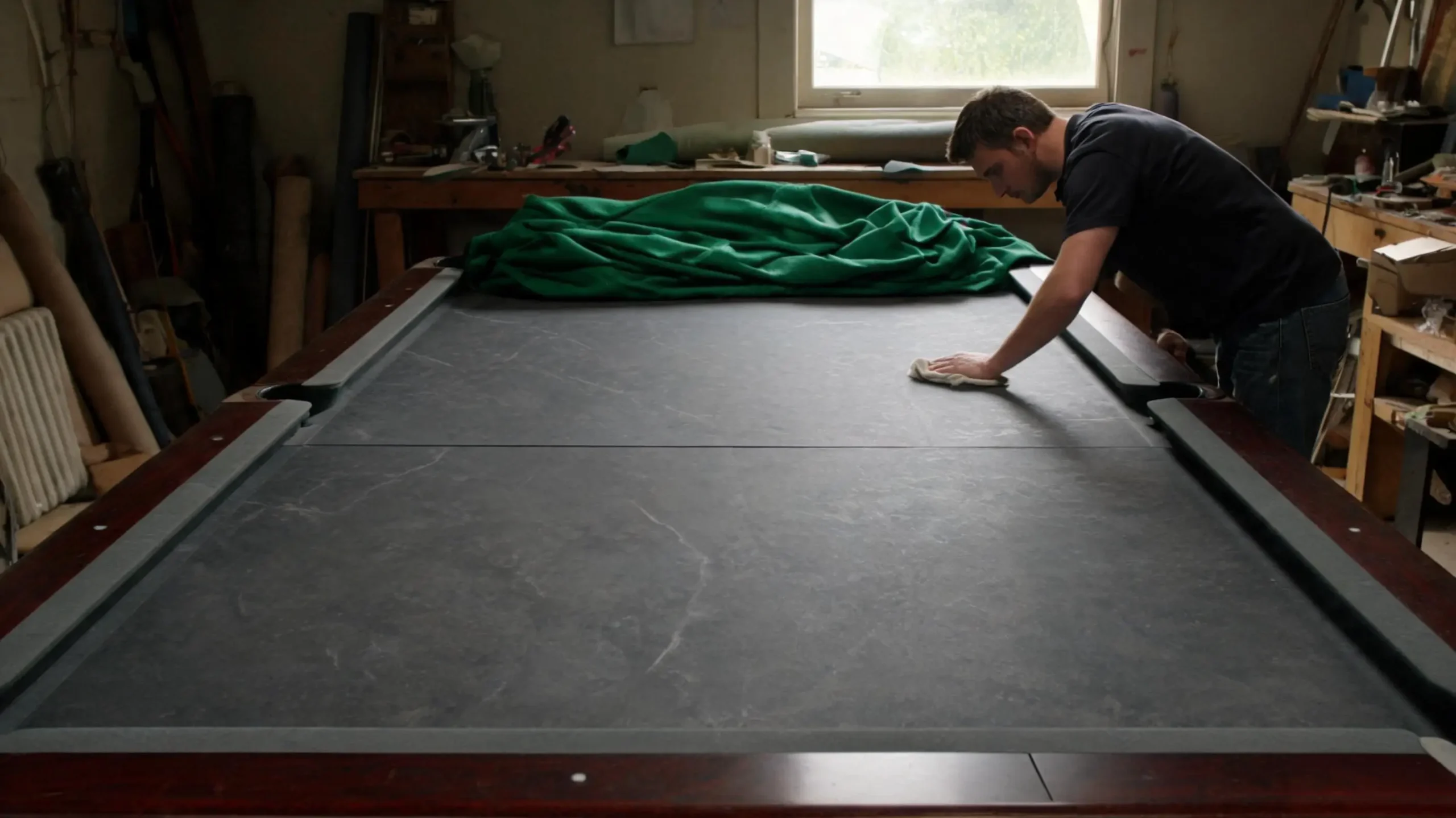 Billiard table with cloth pulled back revealing the bare dark grey slate bed with visible seams underneath